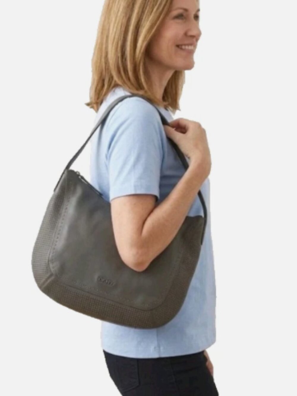 DKNY Genuine Leather Studded Shoulder Bag Wide Strap Gray